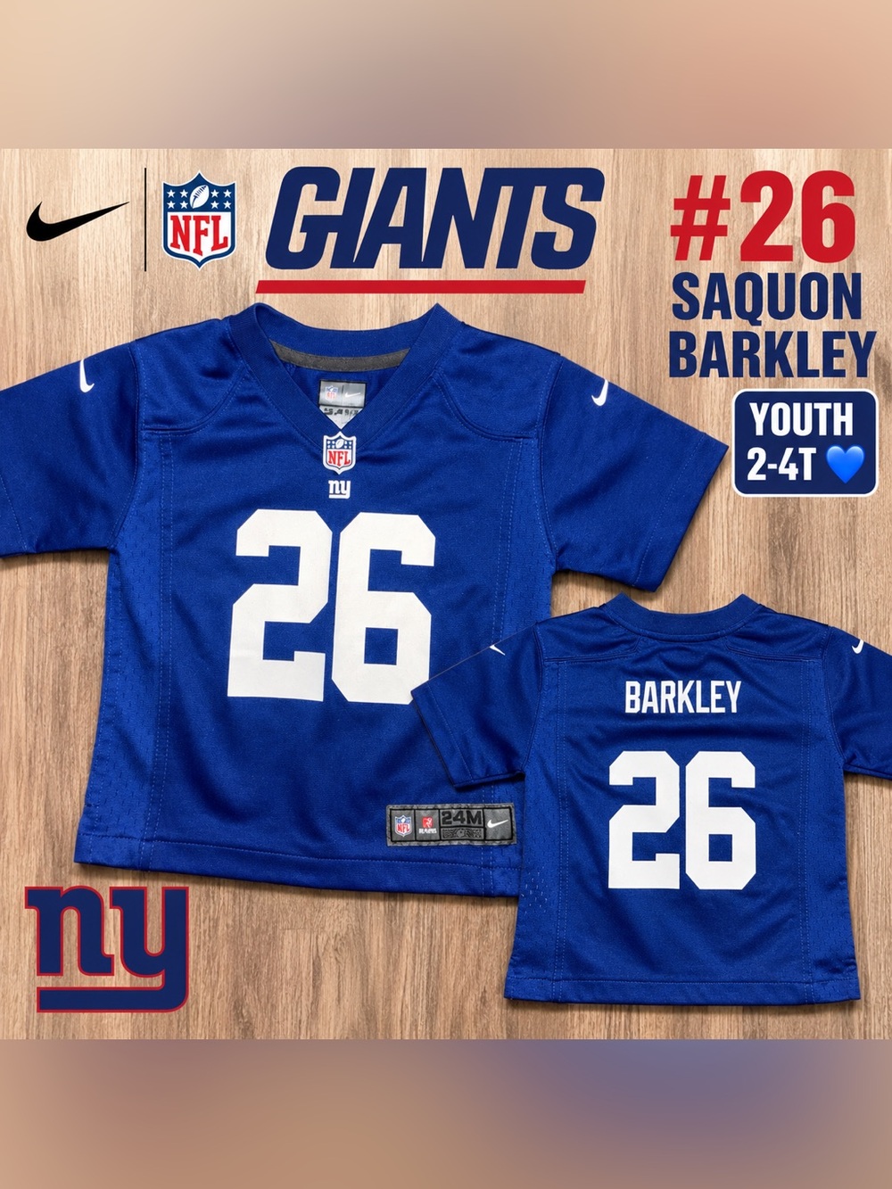 Nike New York Giants Saquon Barkley #26 Youth NFL Jersey Blue Size‎ 2-4T